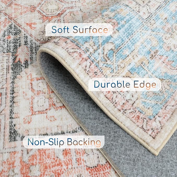 Fortsea Area Rugs 7X9 for Living Room, Machine Washable Non Slip Vintage Retro Rugs, Low Pile Lightweight Faux Wool Print Rug for Bedroom, Dining Room, Home Office (7X9 Terracotta/Sky)