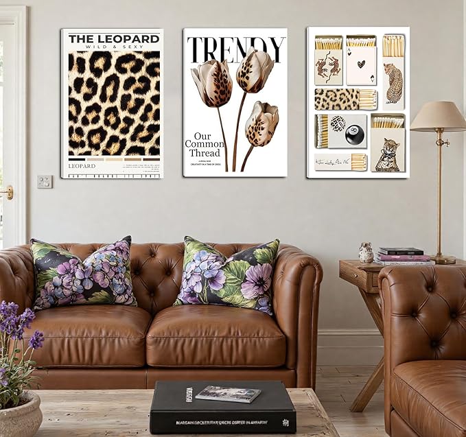 3 Pcs Trendy Leopard Print Wall Art Matchbox Lucky Flower Posters Print Art Leopard Pictures Room Wall Decoration Girl Aesthetics Preppy Style Dorm Decor Suitable for Living Doom Dining Room Bedroom Office Bar Etc