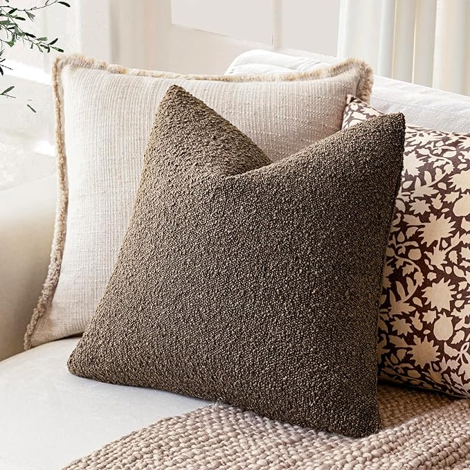 Foindtower Decorative Textured Boucle Throw Pillow Covers Accent Solid Pillow Cases Neutral Soft Cozy Couch Cushion Case for Chair Sofa Bedroom Living Room Home Decor 22x22 Inch,1PC,Light Brown
