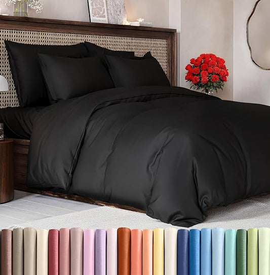 Duvet Cover Cal King Size Set - Extra Soft Cal King Size Duvet Cover 104 x 98 with 2 Pillow Shams - Hotel Luxury Easy Care & Fade Free w/Zipper Closures & Ties - Comfy Breathable Bedding Set (Black)