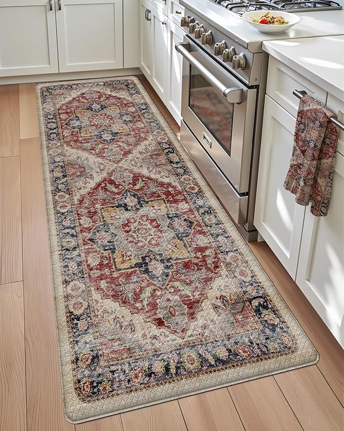 DEXI Kitchen Floor Mats Anti Fatigue, 17x59 Cushioned Vintage Runner Rug Waterproof, Standing Comfort Memory Foam Padded for Front Sink Laundry Office, Beige and Red
