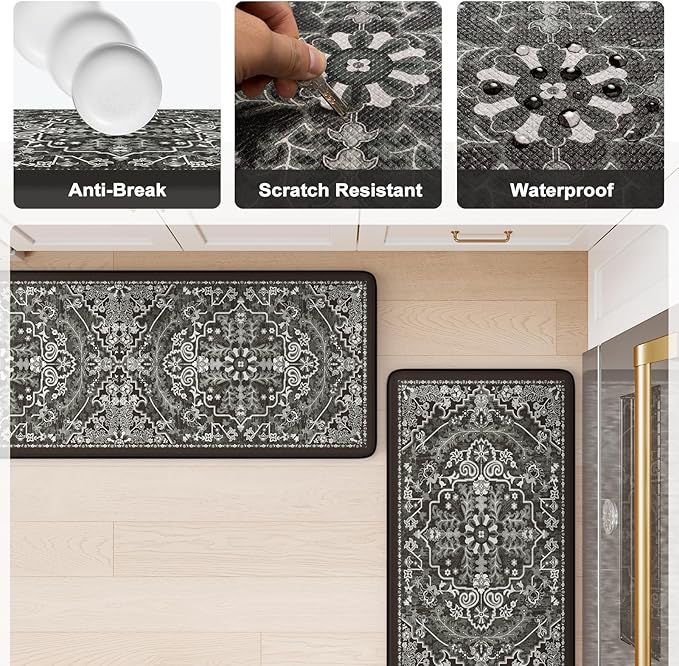 KIMODE Anti Fatigue Kitchen Mat Cushioned, Boho Distressed Kitchen Rugs Sets of 2, Non Slip Memory Foam Kitchen Mat for Floor, Standing Desk Mat for Laundry Office Sink 17.3"x29"+17.3"x59" Black
