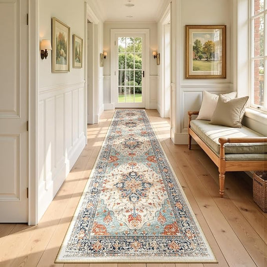 RELEANY Area Rugs 3'x12' Washable Non-Slip, Floral Vintage Distress Print Pattern Medallion Carpet for Living Room Bedroom Dining Room, Beige Navy Blue Orange Colorful