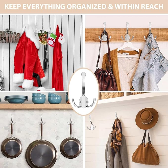 10 Pack Coat Hooks Heavy Duty, Metal Three Prongs Large Coat Hooks Wall Mounted with 20 Screws, No Rust Silver Rustic Wall Hooks for Hanging Towel, Coat, Scarf, Bag, Hat, Cup, Key