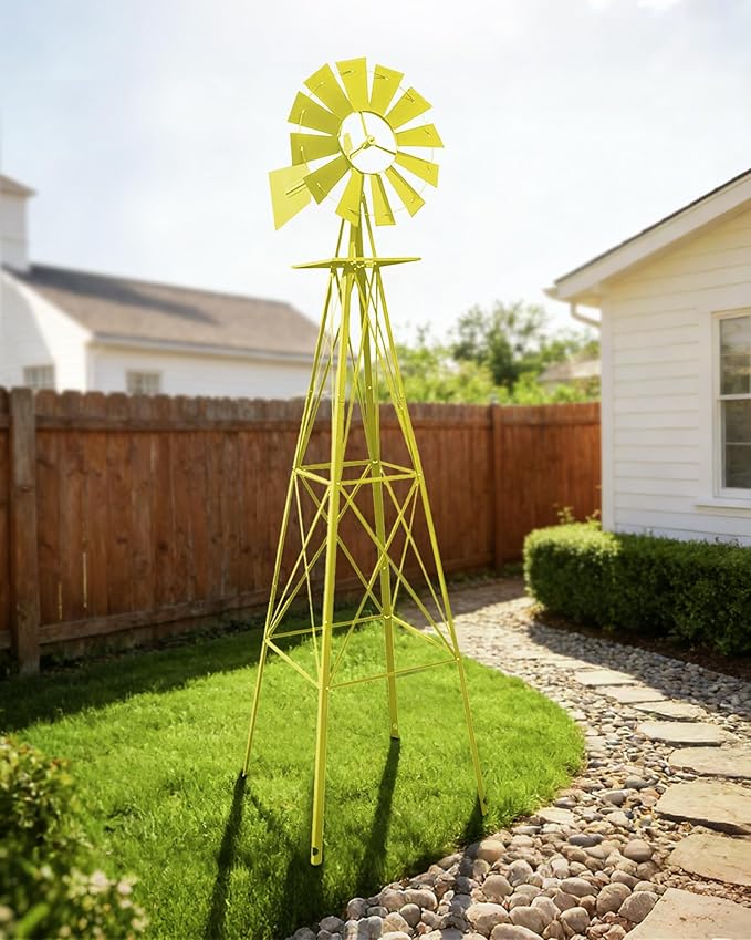 8FT Windmill for Yard Garden Decoration with Weather Vanes，Heavy Duty Outdoor Wind Mills, Large Metal Outdoor Windmill,Weather Resistant,Yellow