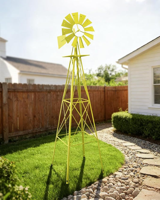 8FT Windmill for Yard Garden Decoration with Weather Vanes，Heavy Duty Outdoor Wind Mills, Large Metal Outdoor Windmill,Weather Resistant,Yellow