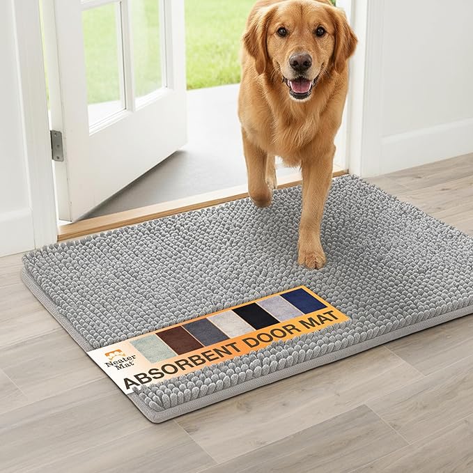 Neater Pets Chenille Dog Door Mat 36” x 24” – Super Absorbent & Quick-Dry Muddy Paws Doormat for Trapping Dirt, Water, Mud - Non-Slip & Machine Washable Pet Rugs for Entryway, Indoor Mud Mats, Gray