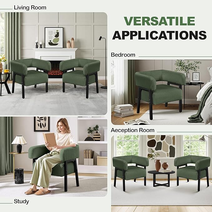 Yaheetech Corduroy Barrel Accent Chair, Modern Upholstered Armchair with Solid Wood Legs, Cozy Leisure Chair with Pocket Coiled Seat for Living Room, Bedroom, Reading Nook Dark Green