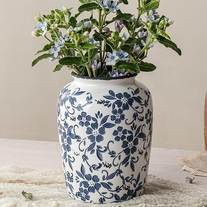Blue and White Vintage Vase, Ceramic Chinoiserie Floral Vases, Retro Ice Cracked Round Farmhouse Rustic Large Flower Vases for Home Decor Centerpieces, Living Room, Bookshelf, Office 7.8 Inch