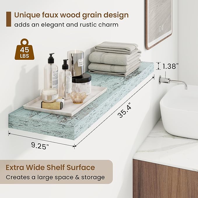 36in Floating Shelves for Wall, 36"W x 9.25"D x 1.25"H, 2 Pack Long Wall Mounted Engineered Wood Shelves with Invisible Brackets for Living Room, Bedroom, Bathroom, Kitchen Decor and Storage, Blue