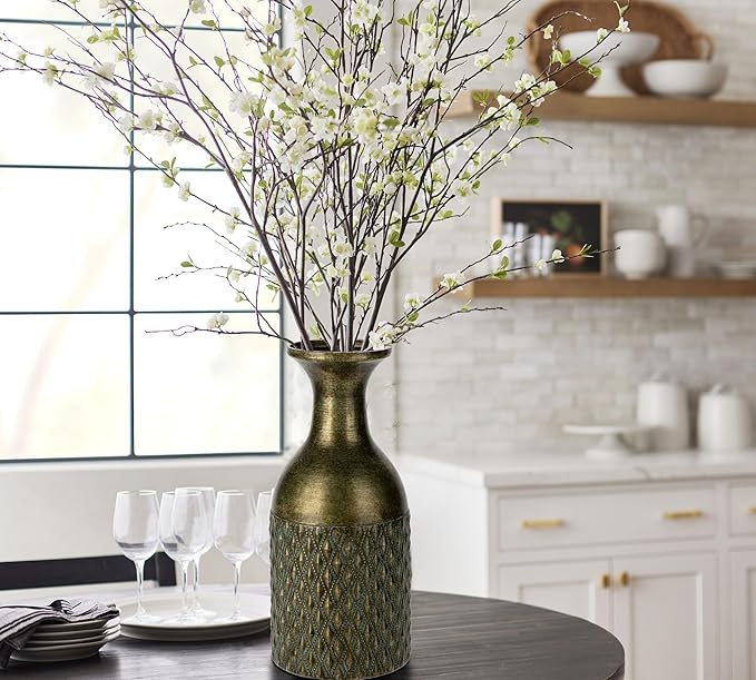 Embossed Metal Vase Floor Vase 11inch Table Centerpiece Home Décor Gift for Dried Flower and Artificial Floral Arrangements Living Room Bookshelf Mantel Table Wedding Decorative Vase Copper Green
