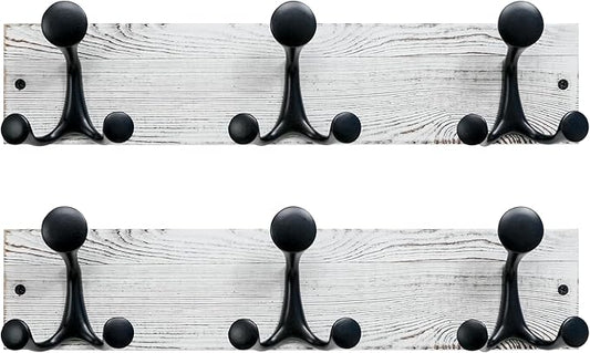 SKOLOO 17-Inch Wood Coat Rack Wall Mount with 3 Triple Hooks - Ideal for Family Entrances, Classrooms, and Pet Supplies Storage - Perfect Coat Hooks for Wall,Distressed White Wash, Pack of 2