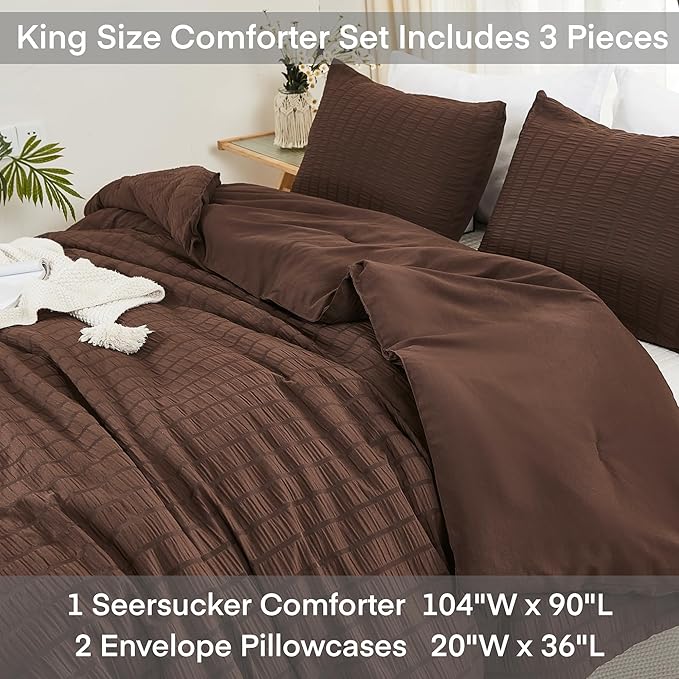 AveLom Brown Seersucker King Comforter Set (104x90 inches), 3 Pieces-100% Soft Washed Microfiber Lightweight Comforter with 2 Pillowcases, All Season Down Alternative Comforter Set for Bedding