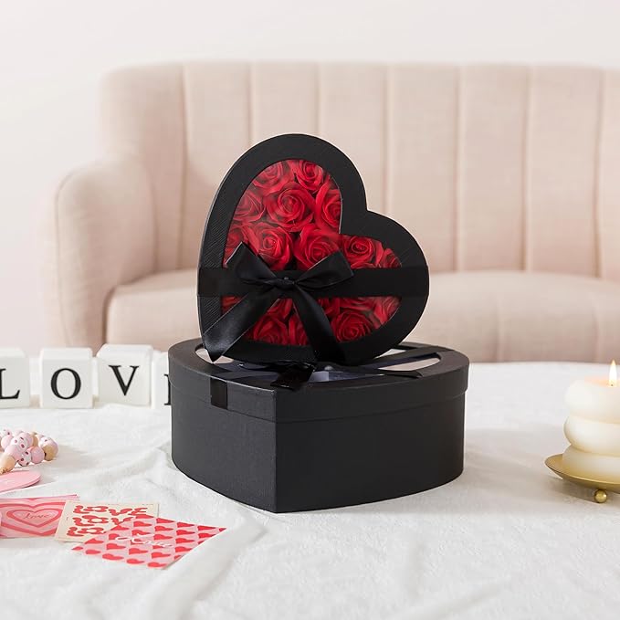 Soul & Lane Black Heart Shaped Gift Boxes with Clear Lids and Decorative Bows: Set of 3 Cardboard Heart Boxes for Flowers, Chocolates, Large Box for Flower Arrangements and Valentine’s Day Presents