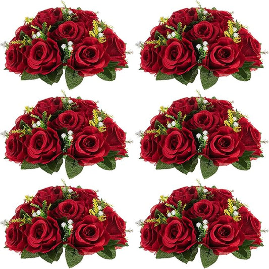 NUPTIO Flower Wedding Centrepieces for Tables - 6 Pcs 9.5in Diameter Crimson Artificial Flowers Rose Ball for Centerpieces Table - Fake Rose Arrangements for Weddings Birthday Party Decor