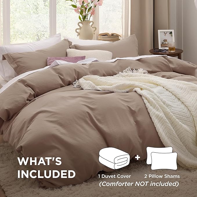 Bedsure Khaki Duvet Cover Queen Size - 3 Pieces Prewashed Cotton-Like Extra Soft Bedding Set, Includes 1 Duvet Cover 90x90 Inches with Zipper Closure & 2 Pillow Shams, Comforter Not Included