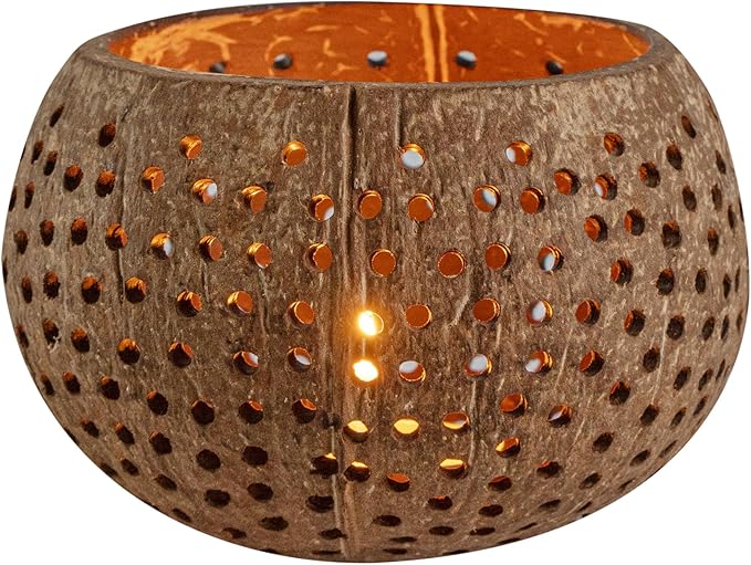Restaurantware-Coco Casa 4 x 3.3 Inch Coconut Shell Candle Holders, 10 Reusable Tealight Holders - Candle Not Included, Dotted Pattern, Brown Coconut Bowls For Candles, Handcrafted,