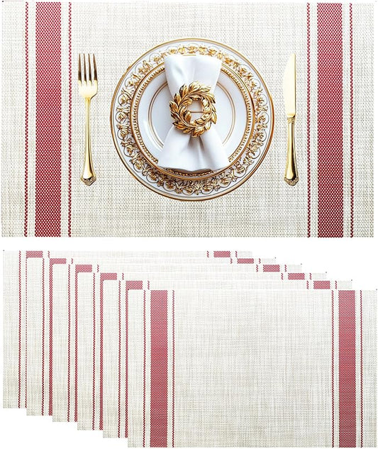 Placemats Set of 6 Vinyl Washable Placemats, 18"x12" Wipeable Heat-Resistant Non-Slip Easy Clean Table Mats Ideal for Dining Table Table Runner and Outdoor (6, Red Wide Stripe)