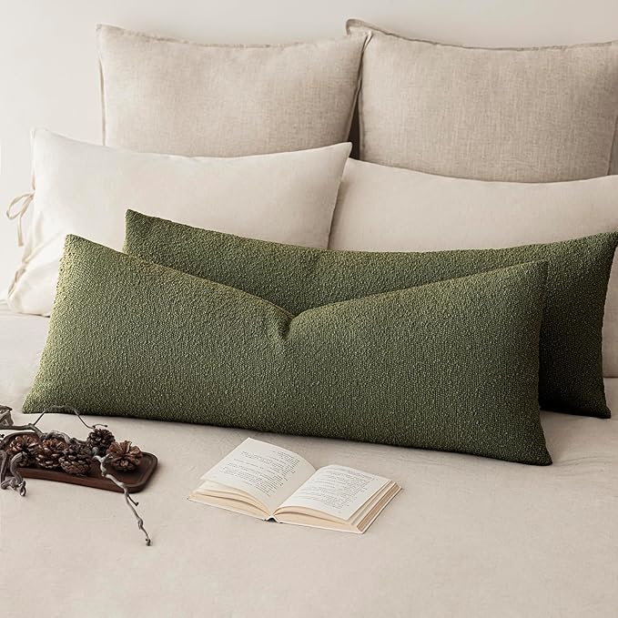 Foindtower Decorative Textured Boucle Throw Pillow Covers Accent Solid Pillow Cases Neutral Long Body Lumbar Couch Cushion Case for Chair Sofa Bedroom Living Room Home Decor 14x36 Inch,1PC,Moss Green