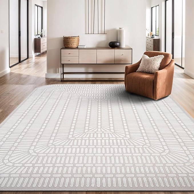 Beverly Rug Modern Geometric Area Rug 6x9 Low-High Pile Durable Soft Abstract Grid Indoor Rugs for Living Dining Room Office Stain Resistant Non Shedding Casual Indoor Carpet Beige White 6 x 9