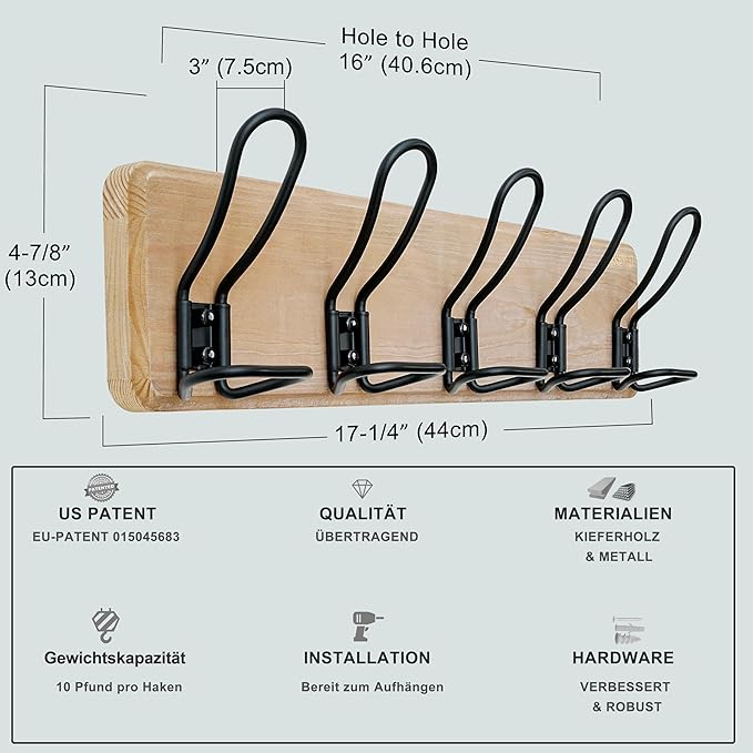 Dseap Coat Rack Wall Mounted - Heavy Duty Farmhouse Rustic Wall Coat Hanger With 5 Wire Hooks for Clothes Hat Jacket Towel, RusticWire, G25A, Weathered Brown & Black