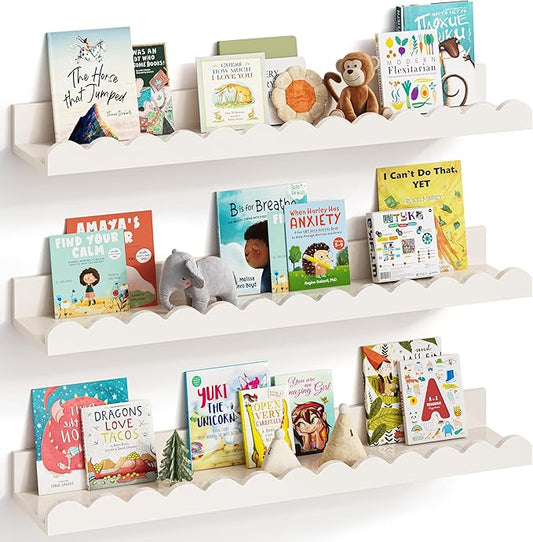 Nursery Book Shelves, Set of 3, Nursery Decor for Baby and Toddler, Scalloped Shelves, Book Shelf for Kids Rooms, Wall Book Shelf for Bedroom Kids, Floating Shelf for Wall