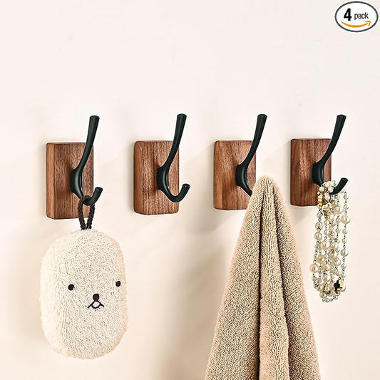 4 Pack Walnut Wood Wall Coat Hooks for Hanging, Adhesive Mounted & Wall Mount Heavy Duty Decorative Wooden Double Hook hanger for Towel Backpack Hat Jacket Clothes Blanket Purse Closet Robe Key