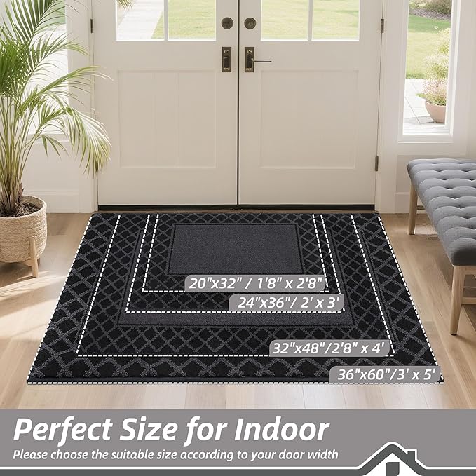 BEQHAUSE Door Mat Dirt Trapper Non Slip Entryway Rugs Absorbent Welcome Mat Low Profile Washable Front Door Mat for Muddy Paws,Entrance,Hallway, 24" x 36",Black