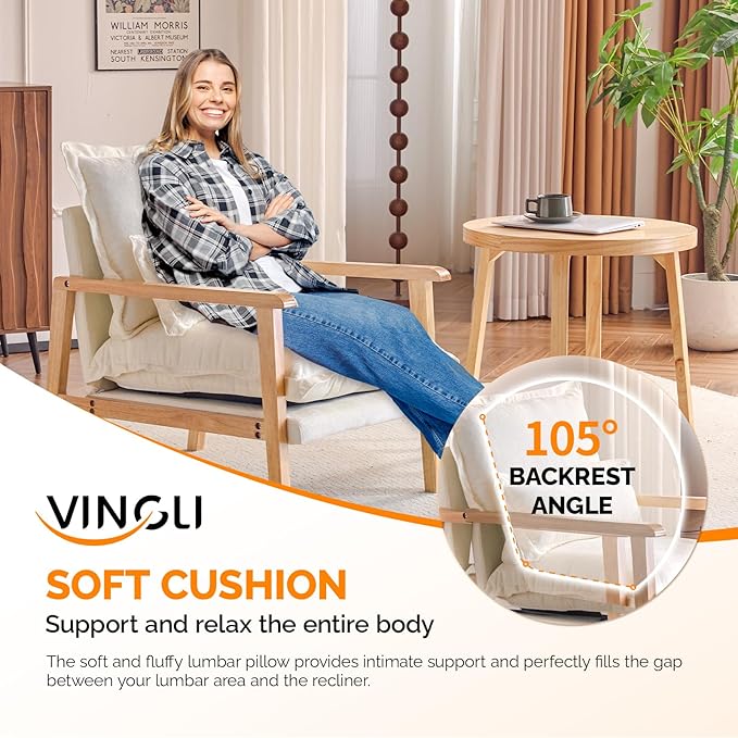 VINGLI Mid-Century Modern Cloud Accent Armchair with Lumbar Pillow, 6.3'' Thick Seat Cushion Comfortable Reading Chair with Wooden Armrests，Boho Lounge Chair for Bedroom, Living Room, Chenille, Beige