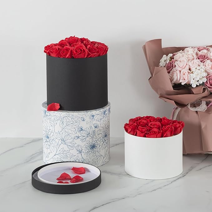 Soul & Lane Round Gift Boxes with Lids – Set of 3 Circular Boxes for Flowers, Bouquets & Arrangements, White Cardboard Cylinder Gift Box Set for Roses, Décor and Special Presentations