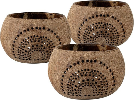 Restaurantware-Coco Casa 4 x 3.3 Inch Coconut Shell Candle Holders, 10 Reusable Tealight Holders - Candle Not Included, Rainbow Pattern, Tan Coconut Bowls For Candles, Handcrafted