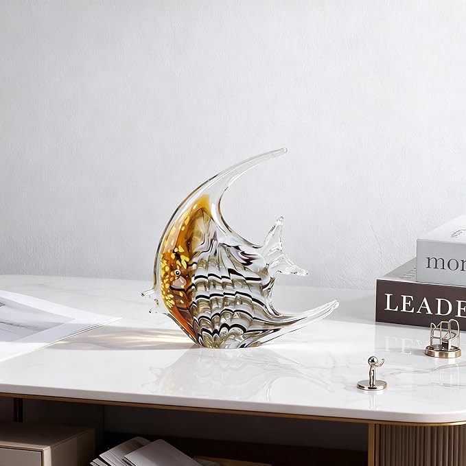 DOVDOV Hand-Blown Glass Fish Decorative Sculpture, Amber Ocean Glass Art Decor, Coastal-Themed Ornament, Suitable for bedrooms, Offices, Coffee Tables, and TV Consoles, Marine Animal Sculpture Art.
