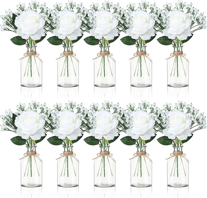 10 Set Glass Bud Vases Centerpiece with Artificial Flowers for Table Decor 10 Small Clear Glass Vase 10 White Roses 30 Baby Breath for Wedding Bridal Shower Home Rustic Farmhouse Decor