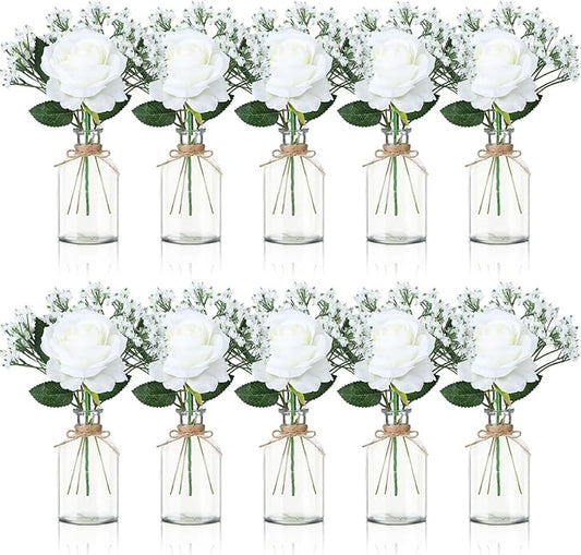 10 Set Glass Bud Vases Centerpiece with Artificial Flowers for Table Decor 10 Small Clear Glass Vase 10 White Roses 30 Baby Breath for Wedding Bridal Shower Home Rustic Farmhouse Decor