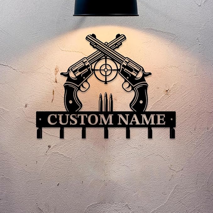 Personalized Custom Name Gun Wall Hooks,Metal Gun Room Art Clothes Hooks,Metal Gun Wall Home Storage Decorative,For Front Door, Hallway, Kitchen, Bedroom,Keys,Hats (Style I)