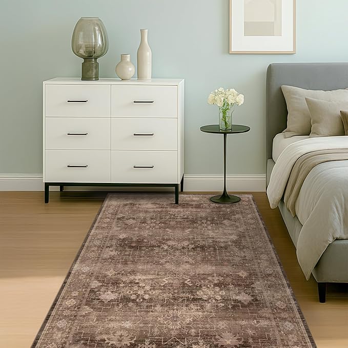 Hazo Haus Taupe Brown 5x8 Rug for Living Room - Vintage Traditional Dark Neutral Geometric, Washable Foldable Non-Slip Area Rugs for Dining Under Table, Home Office, Guest Room