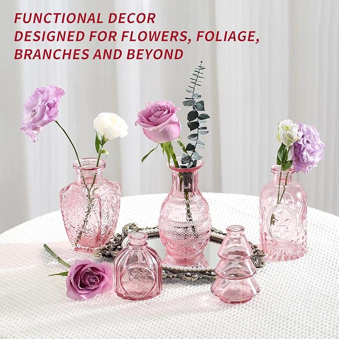 KUAGUINZUHE 12 Pcs Glass Bud Vase Set, Small Pink Vintage Flower Vases for Wedding Centerpieces in Bulk, Mini Embossed Vases for Home Table Decor, Party, Baby Shower Decorations