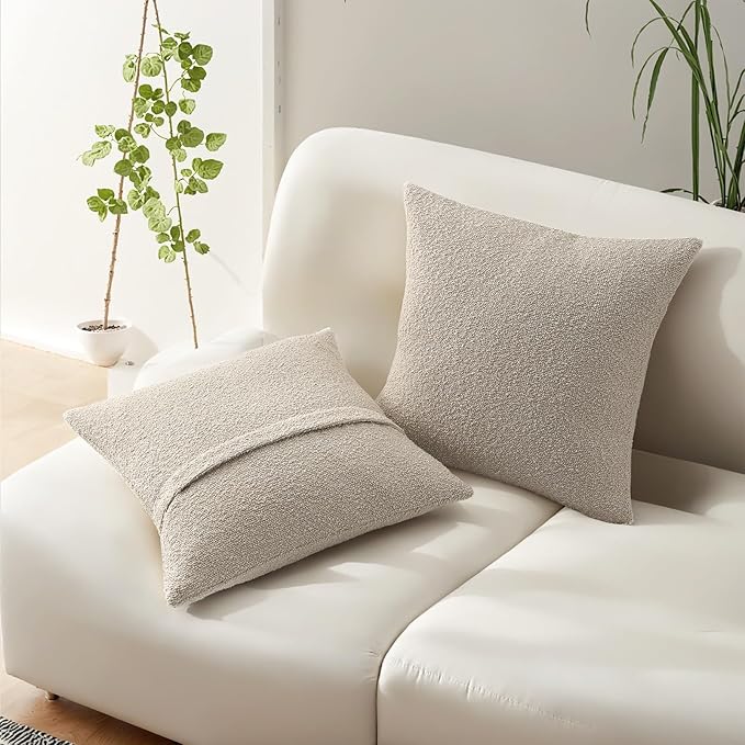 HAUSSY Set of 2 24x24 Decorative Throw Pillow Covers, Soft Cozy European Pillow Shams Textured Boucle, Home Decor for Couch Bed Living Room, Beige