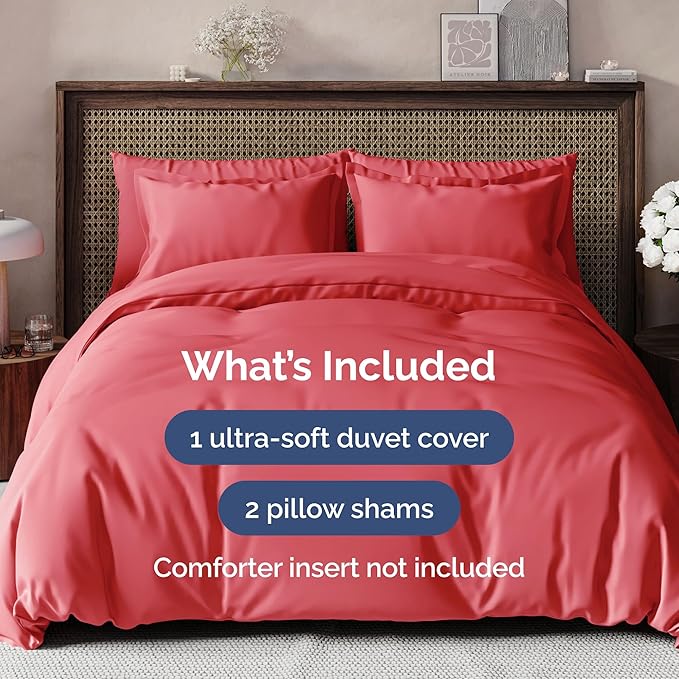 CGK Unlimited Duvet Cover Cal King Size Set - Extra Soft Cal King Size Duvet Cover 104 x 98 with 2 Pillow Shams - Hotel Quality w/Zipper Closures & Ties - Bedding and Bed Linens Set (Red)