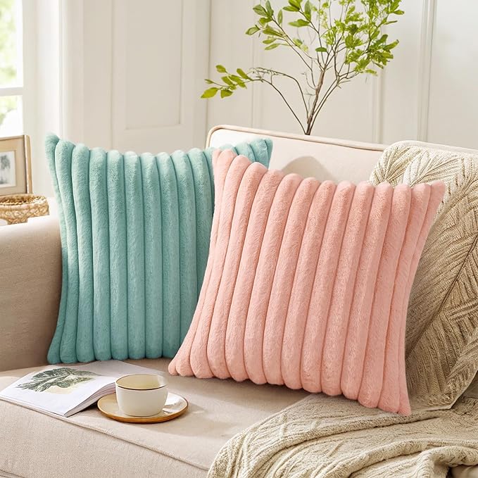 Pallene Faux Fur Plush Throw Pillow Covers 16x16 Set of 2, Luxury Soft Fluffy Striped Decorative Pillow Covers for Sofa, Couch, Living Room, Aqua