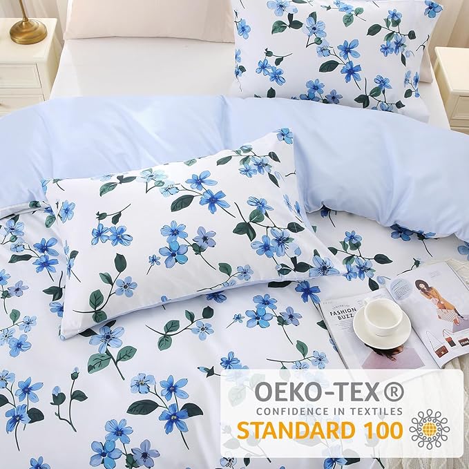 Duvet Cover King Size, Reversible Floral Vintage Duvet Cover Set with Zipper Closure, 3 Pieces Botanical Patterns Soft Microfiber Bedding Set (90"x104", 2 Pillow Cases 20"×36", Large Blue Flower)