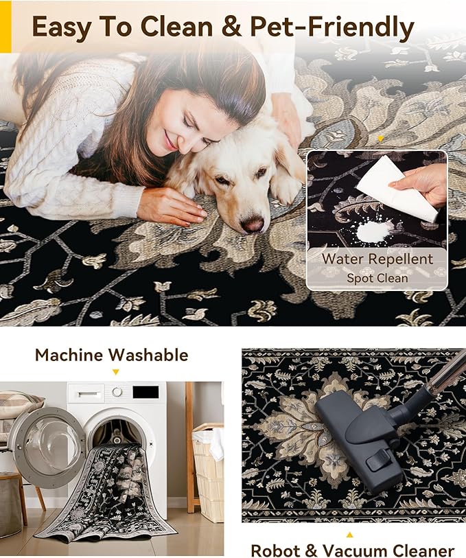 RELEANY Area Rugs 4'x5' Washable Non-Slip, Floral Vintage Distress Print Pattern Medallion Carpet for Living Room Bedroom Dining Room, Black Brown Neutral Dark Tan