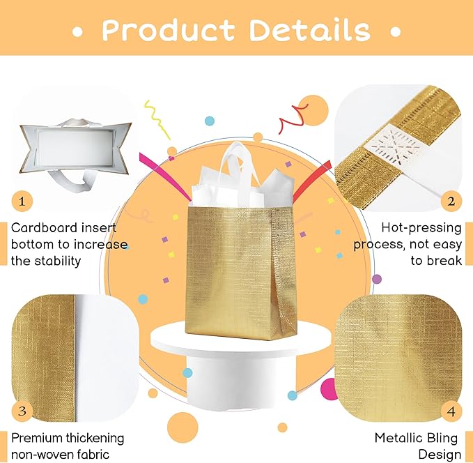 16 Pcs Metallic Bling Small Gift Bags Bulk with Cardboard Bases, Glossy Gold Reusable Party Bags for Birthday, Wedding, Christmas, Parties- 10.2x3.9x8.3 In
