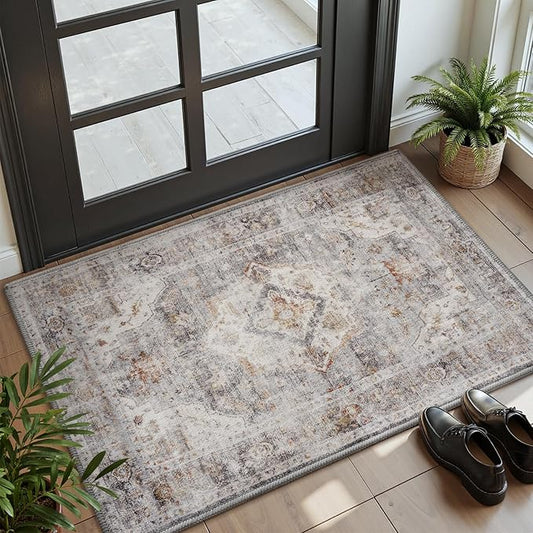 AMOAMI-2X3 Small Rug-Washable Rugs Entryway Mat Indoor-Soft Vintage Non Slip Rugs for Kitchen Laundry Room Bathroom Grey Decorative Accent Rug for in Front of Sink 24 Inch x36 Inch