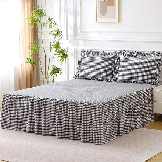 Silnuo Black/White Plaid Bed Skirt Washed Cotton Shabby Gingham Checkered Dust Ruffle King Size 18" Bedding(1 Bed Skirt Only)