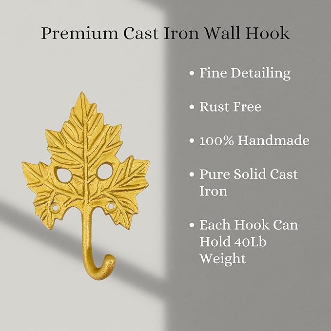 Set of 3 Cast Iron Maple Leaf Shape Coat Hooks Wall Art Decor-Maple Leaf Shape Hangers and Key Holder-Clothes Rack and Backpack Hanger-Coat Hooks Home Decor for Storage, Living Room, Hallway (Gold)
