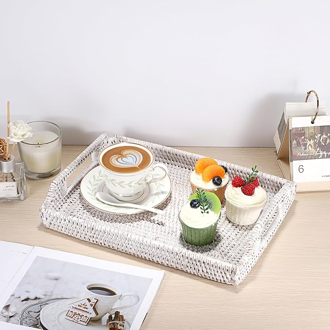 Hipiwe Rattan Serving Tray with Wooden Handles - Hand Woven Decorative Tray for for Coffee Table, Rectangular Basket Ottoman Trays Wicker Fruit Bread Serving Basket, Whitewash