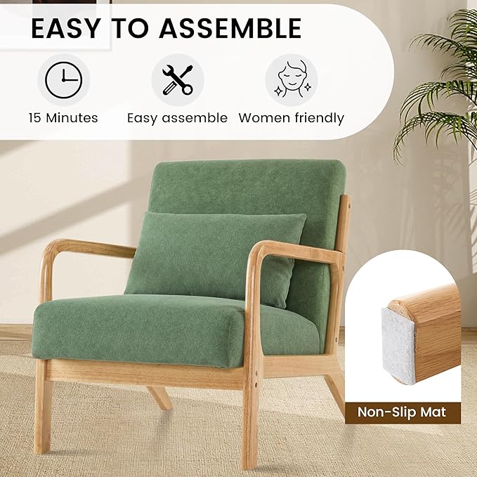 Aunekiv Accent Chair with Pillow Upholstered Mid-Century Chair Living Room Chair for Small Space Solid Wood Frame Reading Chair with Soft and Thick Cushion Armchair for Bedroom Balcony DarkGreen 1PC