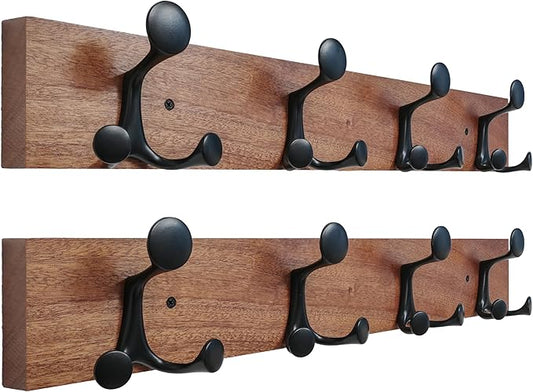 SKOLOO 24-Inch Wood Coat Rack Wall Mount with 4 Triple Hooks - Ideal for Family Entrances, Classrooms, and Pet Supplies Storage - Perfect Coat Hooks for Wall,Mahogany (Sapele), Pack of 2