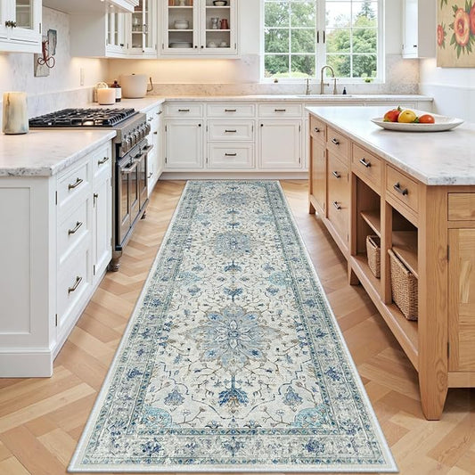 RELEANY Area Rugs 3'x9' Washable Non-Slip, Floral Vintage Distress Print Pattern Medallion Carpet for Living Room Bedroom Dining Room, Light Blue Navy Beige Gray White